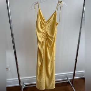 Sandro Yellow Ruched Dress with Tie Straps